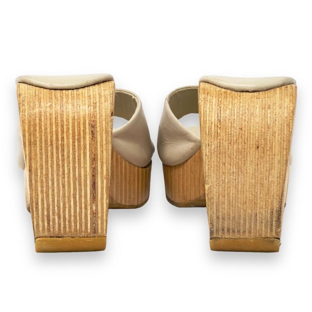 Anthropologie Jennifer Swii Cream Leather Platform Wooden Curved Heel Sandals 7 - Picture 9 of 11